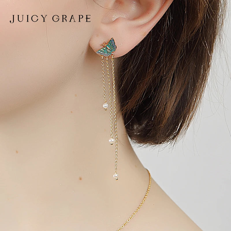 Pendientes de Mariposa con Aguja de Plata de Ley S925 para Mujer, Chapados en Oro 18K, Elegantes Colgantes de Perla con Borla Larga