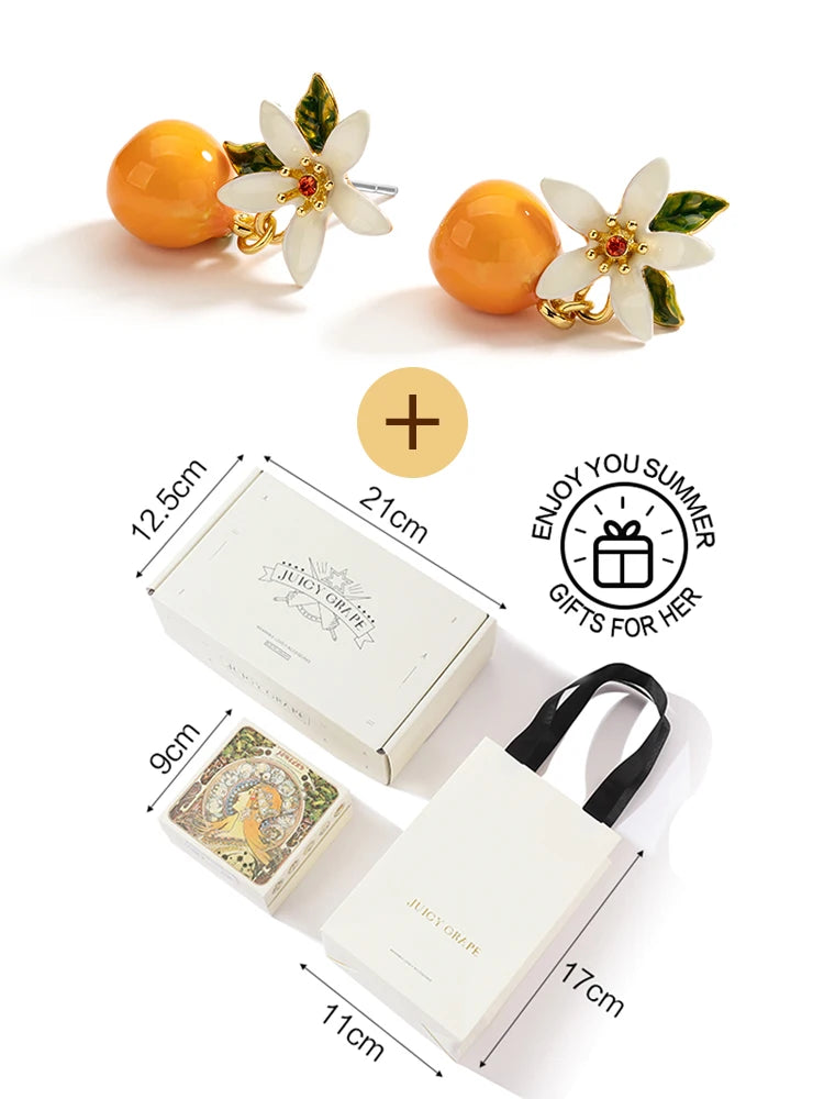 Aretes Colgantes Juicy baño de oro 18k, Naranja y Gardenia - Accesorios Frutales