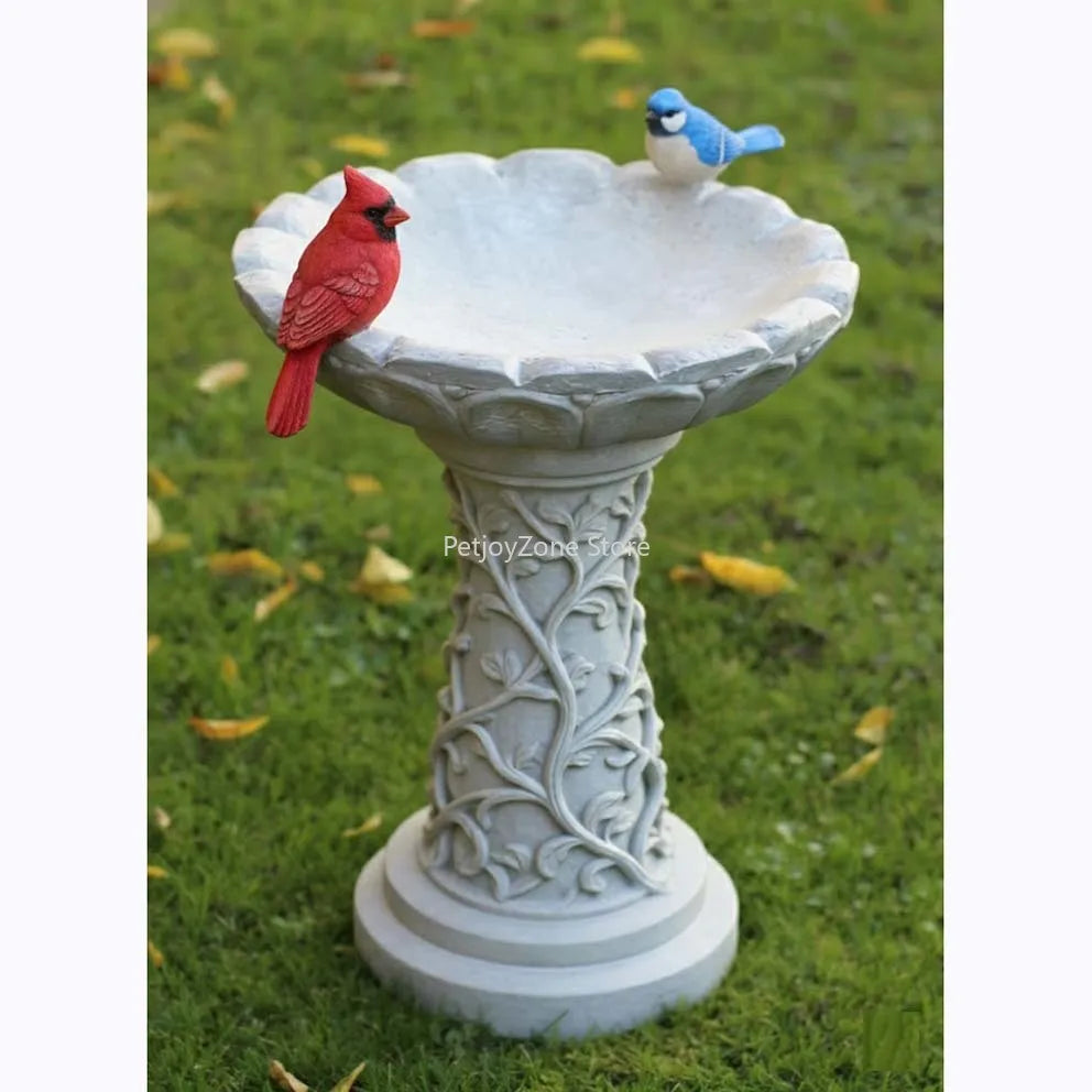 Baño para Pájaros con Tallas de Enredaderas – Acabado Efecto Piedra, Decoración de Jardín con Figuras de Aves
