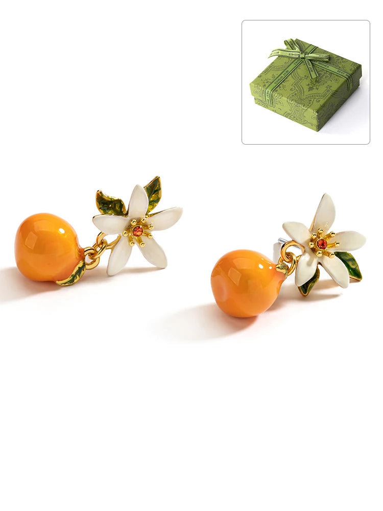 Aretes Colgantes Juicy baño de oro 18k, Naranja y Gardenia - Accesorios Frutales