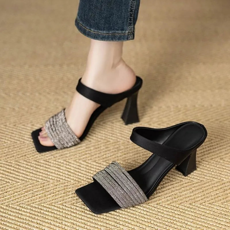 Sandalias de Moda,  Lujo  con Cristales – Tacones  7cm y 5cm,Elegantes para Mujer, Color Champán