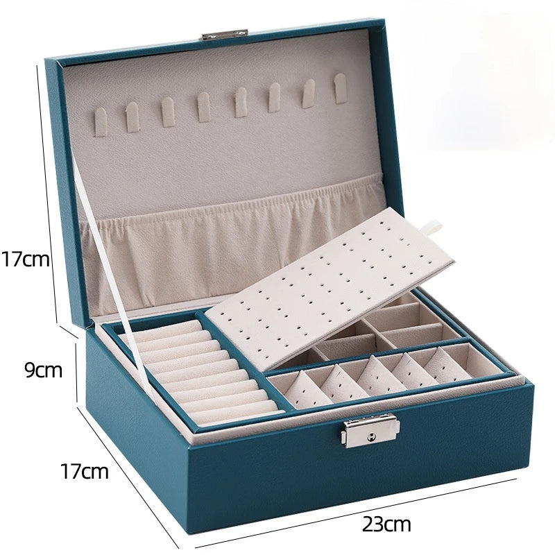 Caja de Joyería de Madera de Doble Capa - Organizador con Cuero PU y Espejo