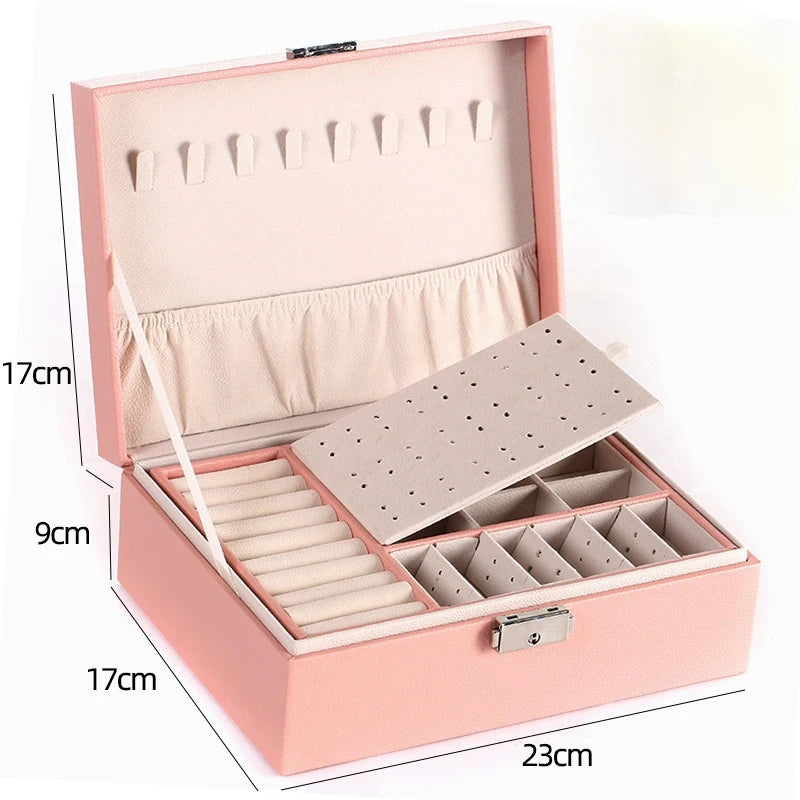 Caja de Joyería de Madera de Doble Capa - Organizador con Cuero PU y Espejo