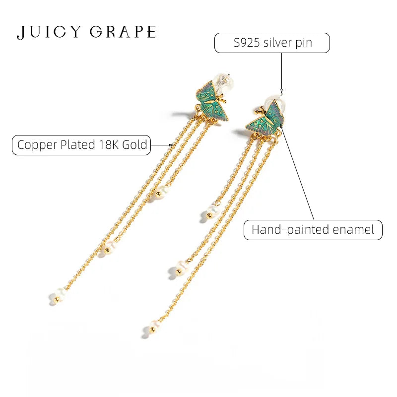 Pendientes de Mariposa con Aguja de Plata de Ley S925 para Mujer, Chapados en Oro 18K, Elegantes Colgantes de Perla con Borla Larga
