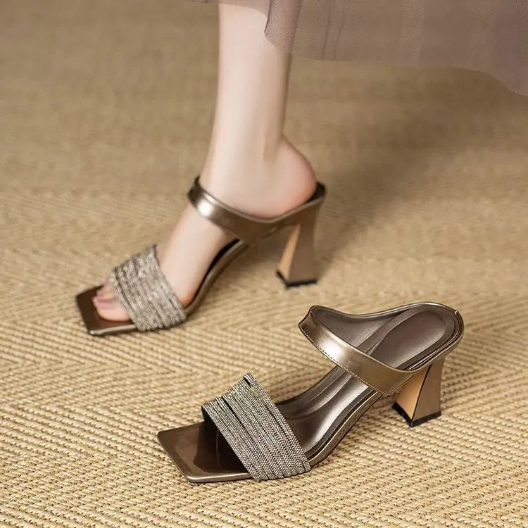 Sandalias de Moda,  Lujo  con Cristales – Tacones  7cm y 5cm,Elegantes para Mujer, Color Champán