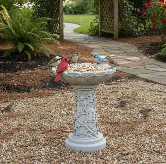 Baño para Pájaros con Tallas de Enredaderas – Acabado Efecto Piedra, Decoración de Jardín con Figuras de Aves