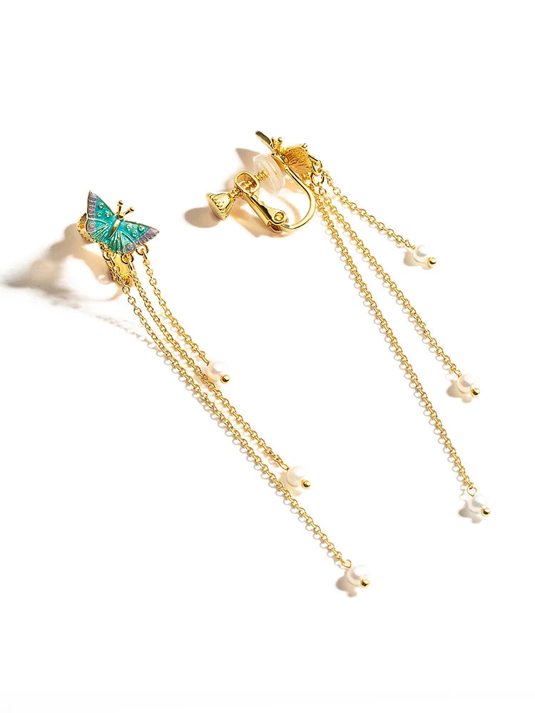 Pendientes de Mariposa con Aguja de Plata de Ley S925 para Mujer, Chapados en Oro 18K, Elegantes Colgantes de Perla con Borla Larga