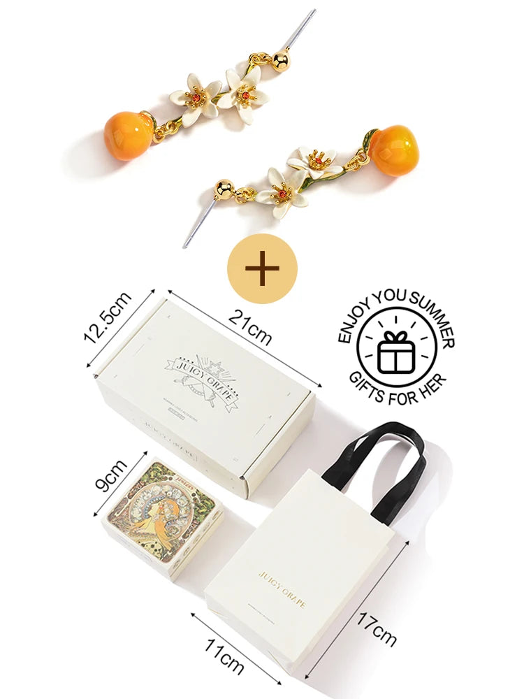 Aretes Colgantes Juicy baño de oro 18k, Naranja y Gardenia - Accesorios Frutales