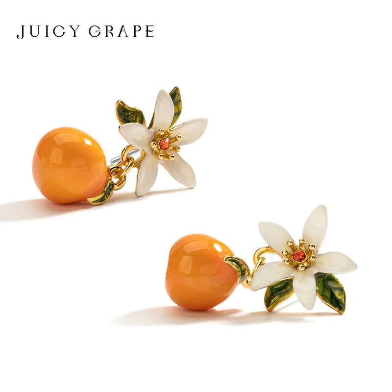 Aretes Colgantes Juicy baño de oro 18k, Naranja y Gardenia - Accesorios Frutales