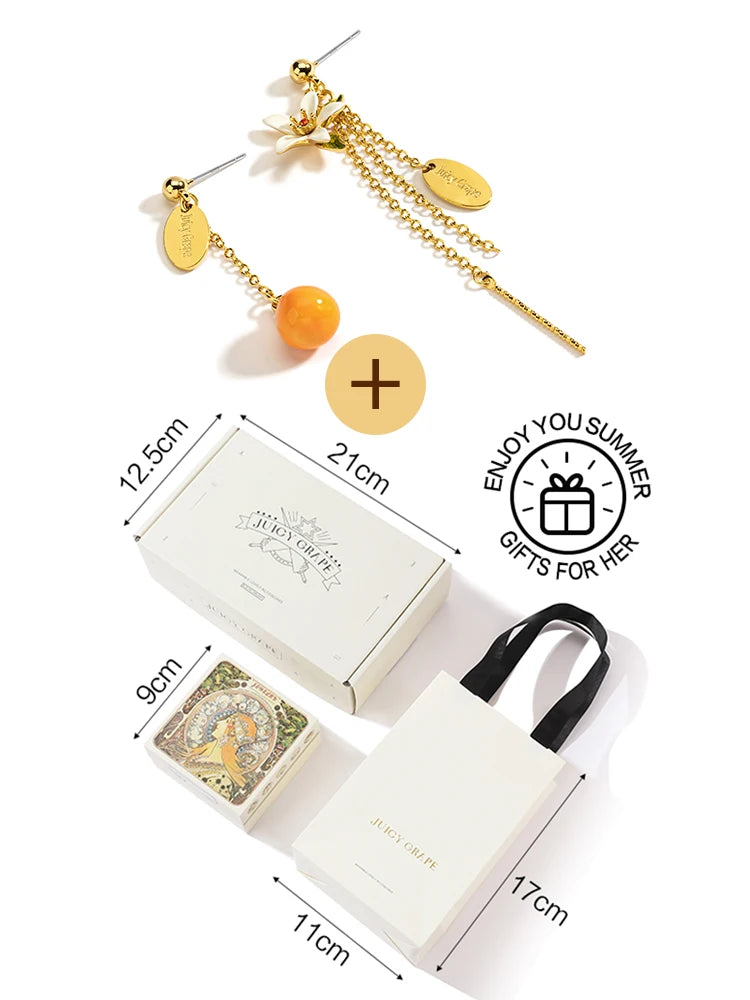 Aretes Colgantes Juicy baño de oro 18k, Naranja y Gardenia - Accesorios Frutales