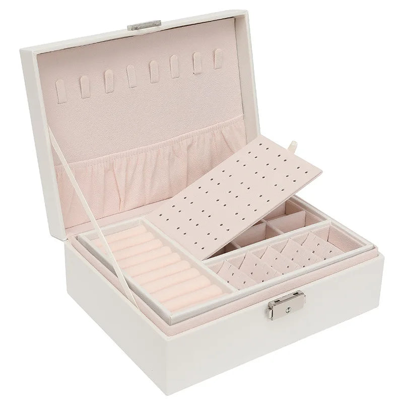 Caja de Joyería de Madera de Doble Capa - Organizador con Cuero PU y Espejo