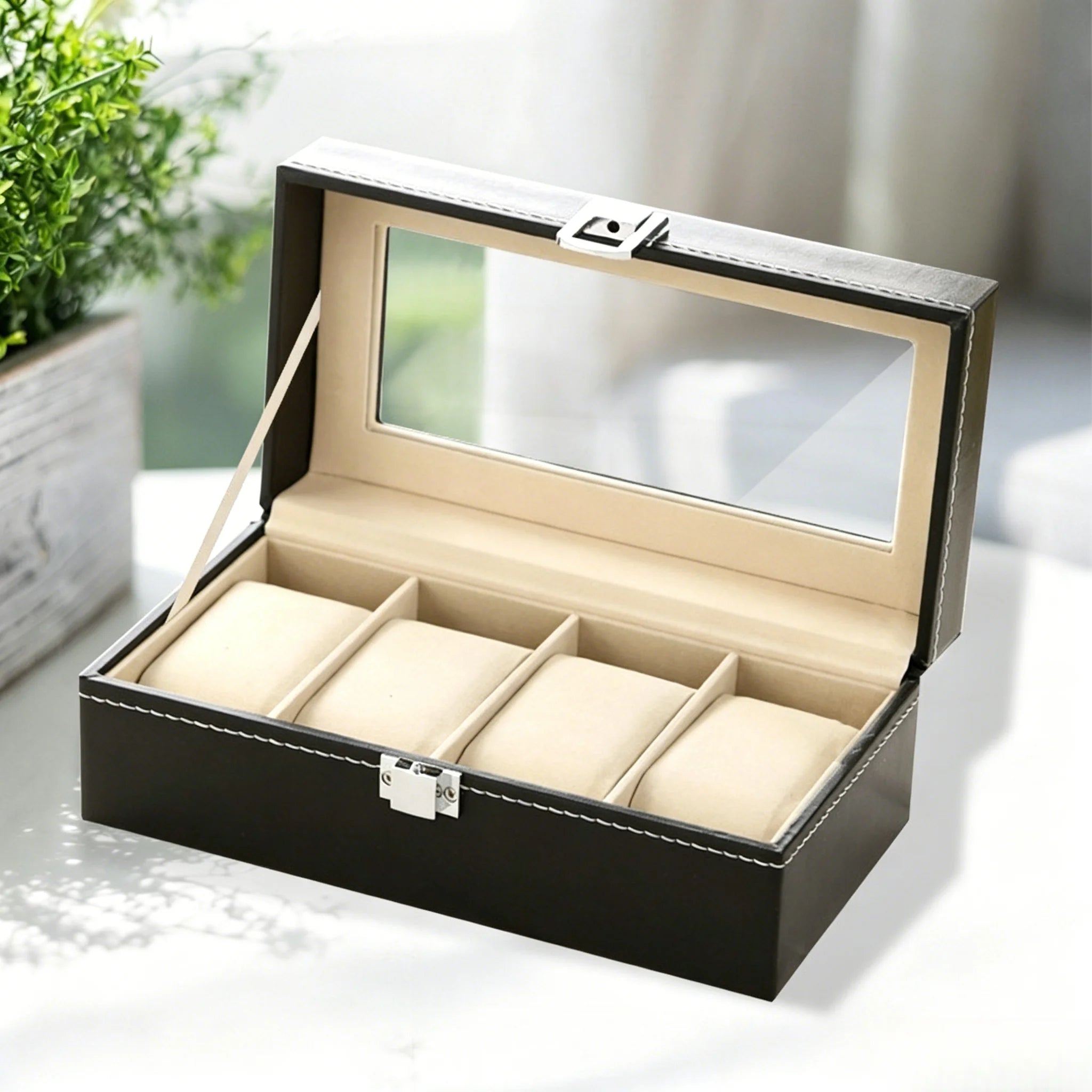 Caja Expositora de Relojes para Hombre – Organizador de Piel con Tapa de Vidrio y Soporte