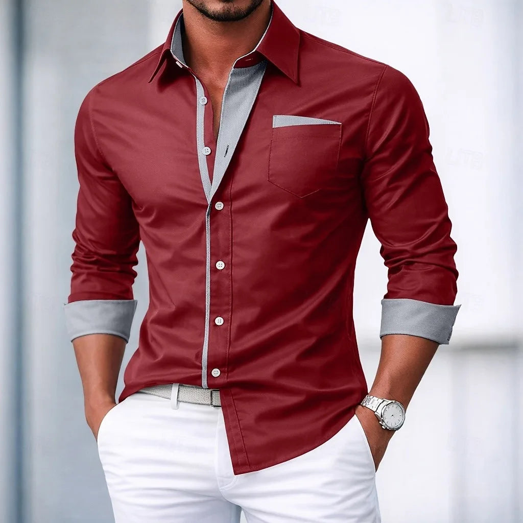 Camisa elegante y casual de Hombre Abotonada Color Block –Manga Larga, Primavera-Otoño