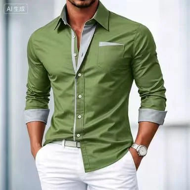 Camisa elegante y casual de Hombre Abotonada Color Block –Manga Larga, Primavera-Otoño
