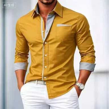 Camisa elegante y casual de Hombre Abotonada Color Block –Manga Larga, Primavera-Otoño