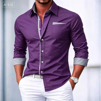 Camisa elegante y casual de Hombre Abotonada Color Block –Manga Larga, Primavera-Otoño