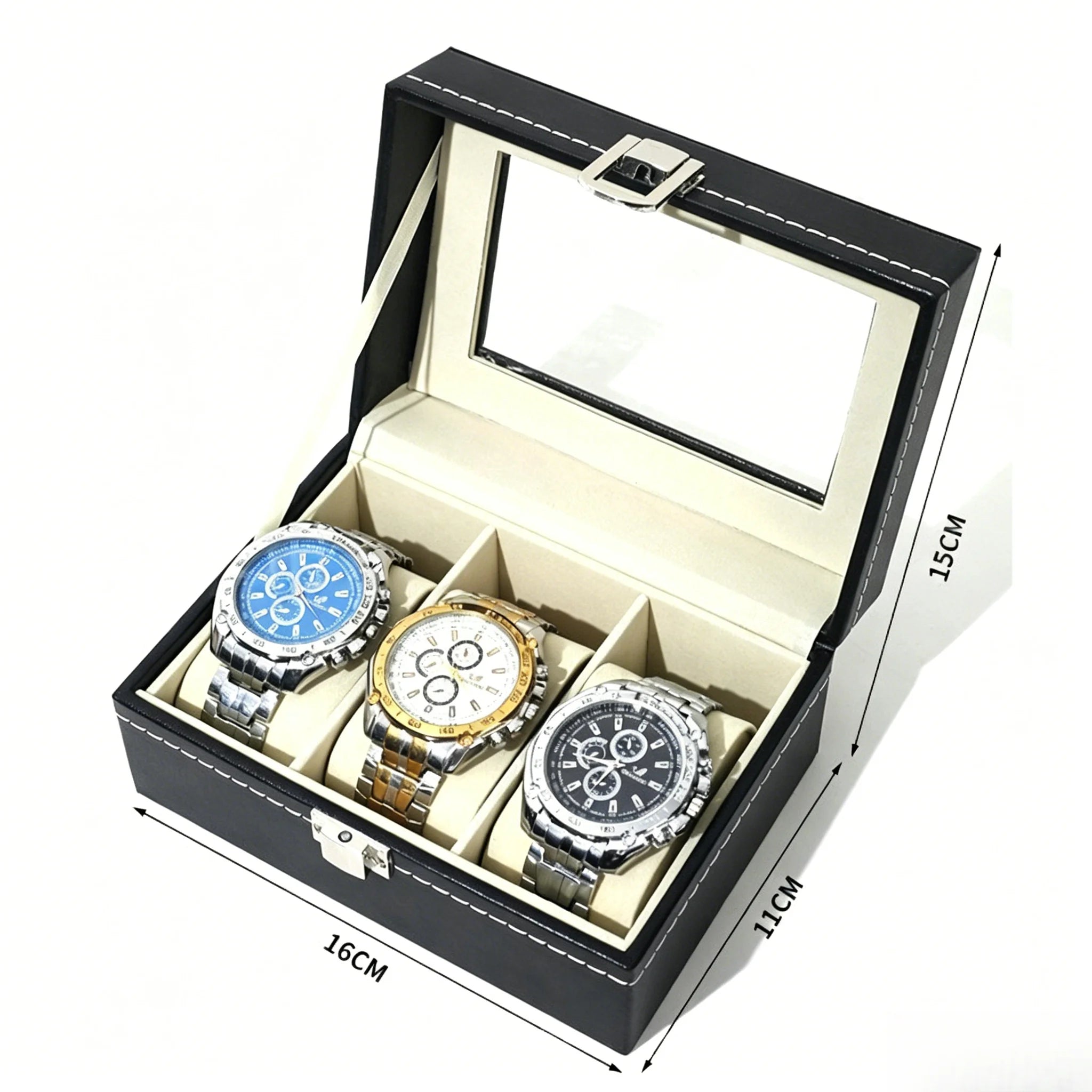 Caja Expositora de Relojes para Hombre – Organizador de Piel con Tapa de Vidrio y Soporte
