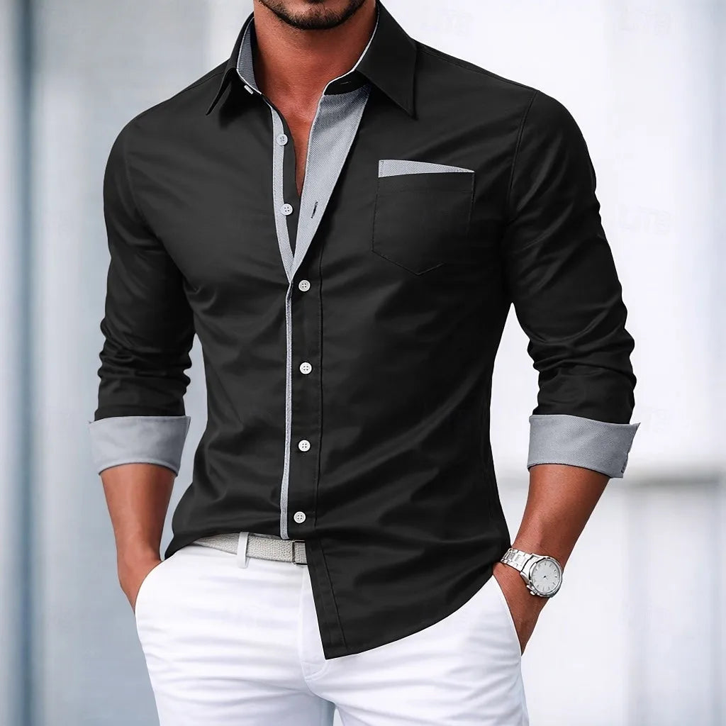 Camisa elegante y casual de Hombre Abotonada Color Block –Manga Larga, Primavera-Otoño