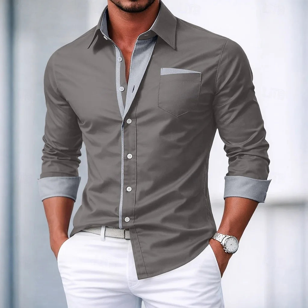 Camisa elegante y casual de Hombre Abotonada Color Block –Manga Larga, Primavera-Otoño