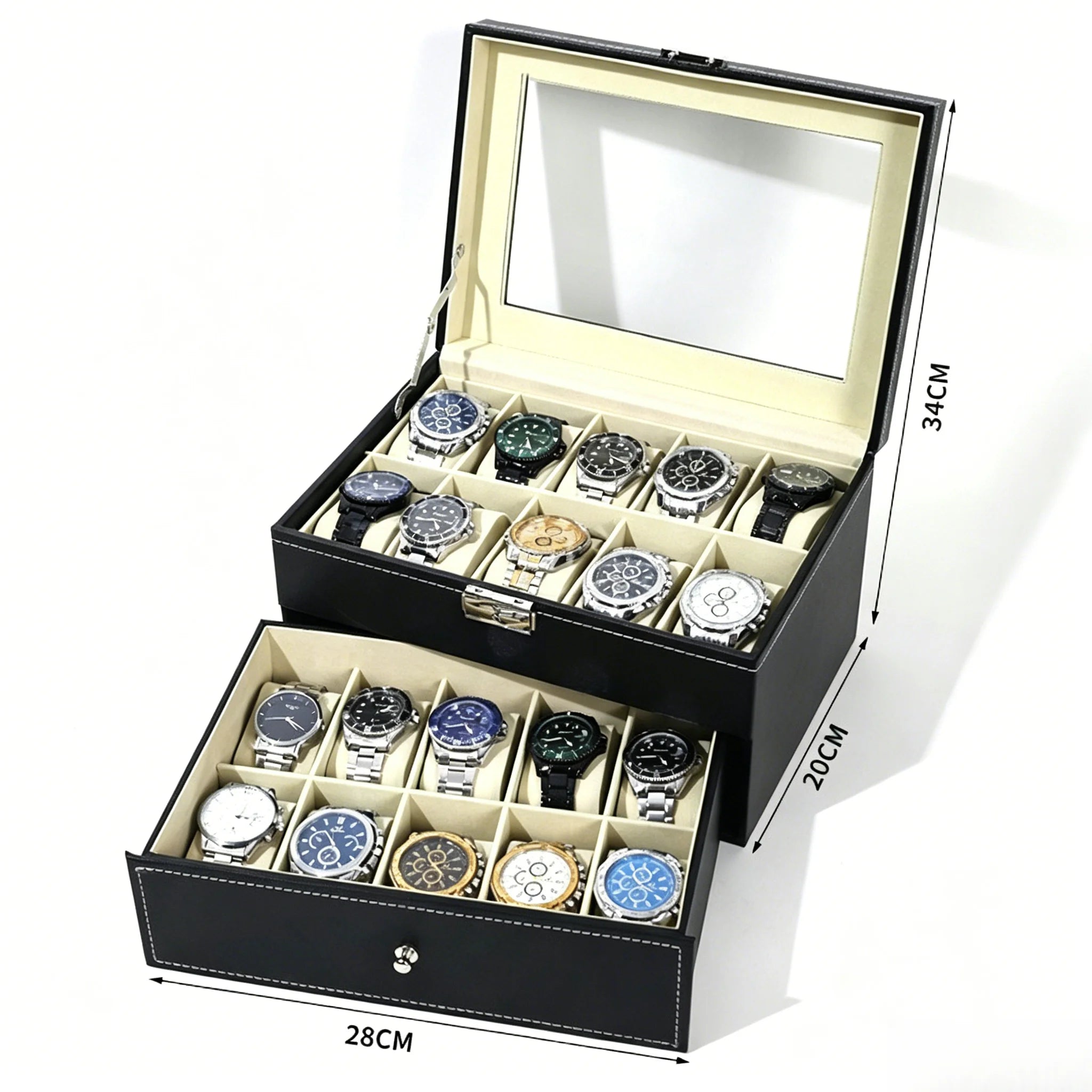 Caja Expositora de Relojes para Hombre – Organizador de Piel con Tapa de Vidrio y Soporte