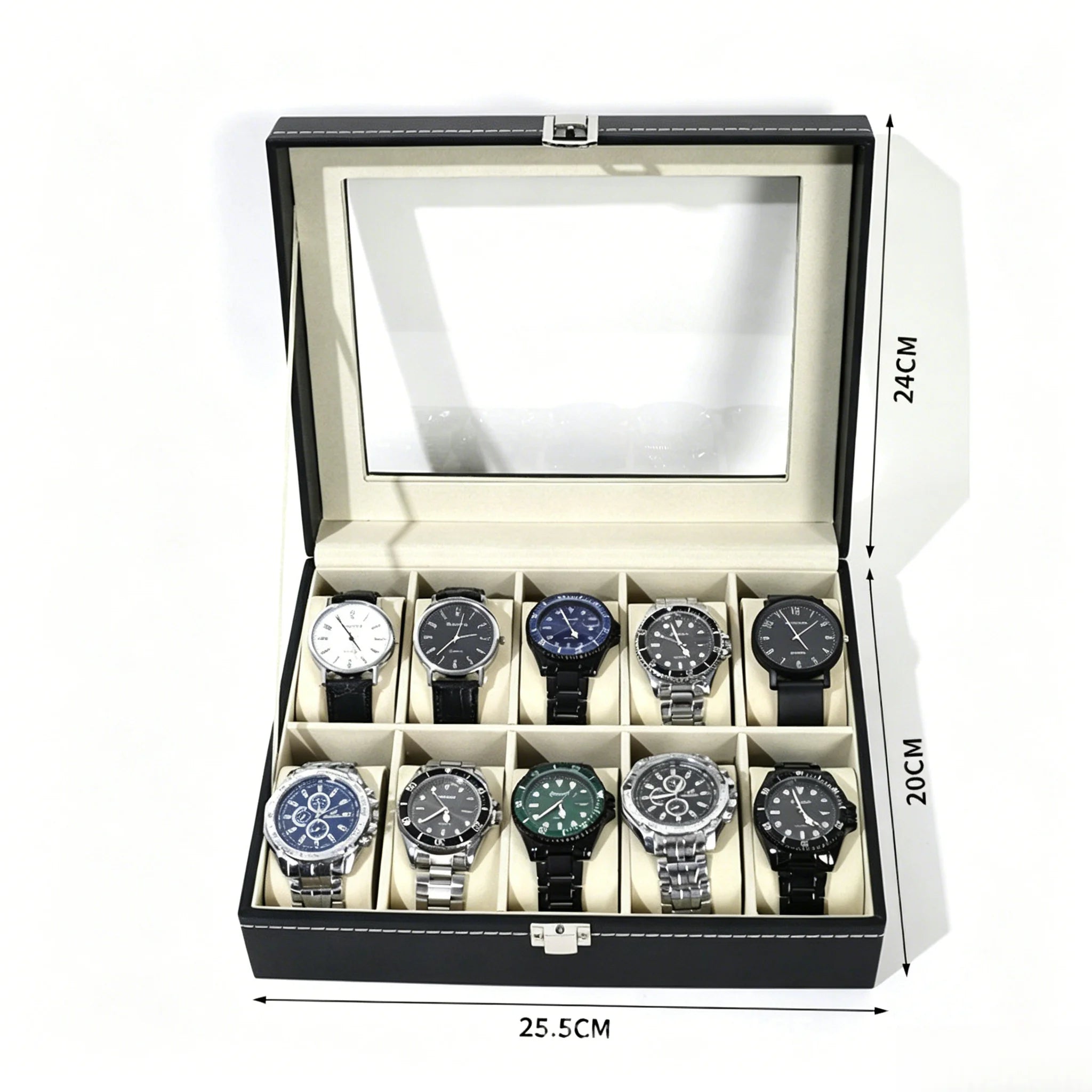 Caja Expositora de Relojes para Hombre – Organizador de Piel con Tapa de Vidrio y Soporte