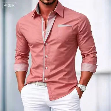 Camisa elegante y casual de Hombre Abotonada Color Block –Manga Larga, Primavera-Otoño