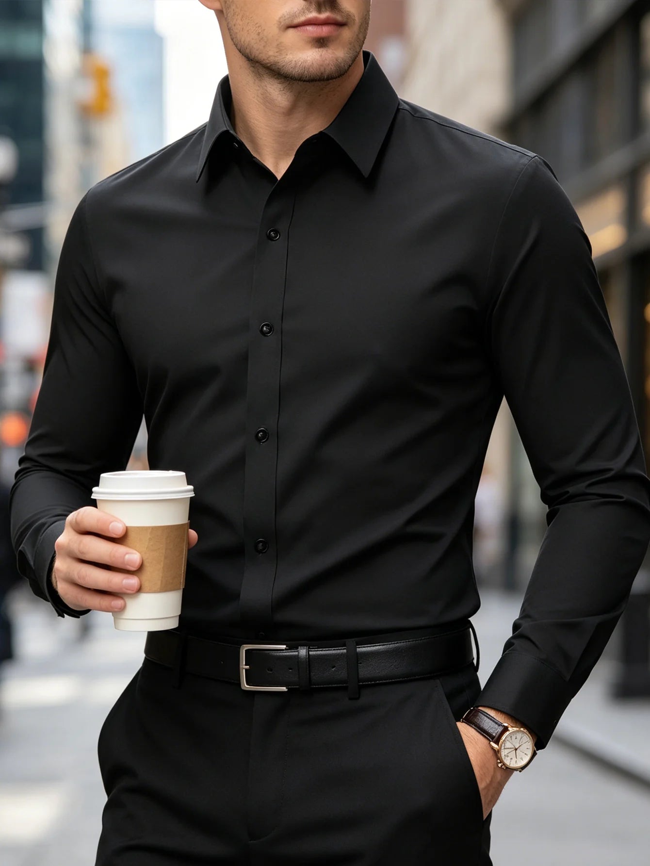 Camisa de Hombre Elegante – Manga Larga, Clásica, Antipelusa, Moda Europea
