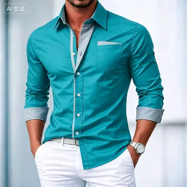 Camisa elegante y casual de Hombre Abotonada Color Block –Manga Larga, Primavera-Otoño