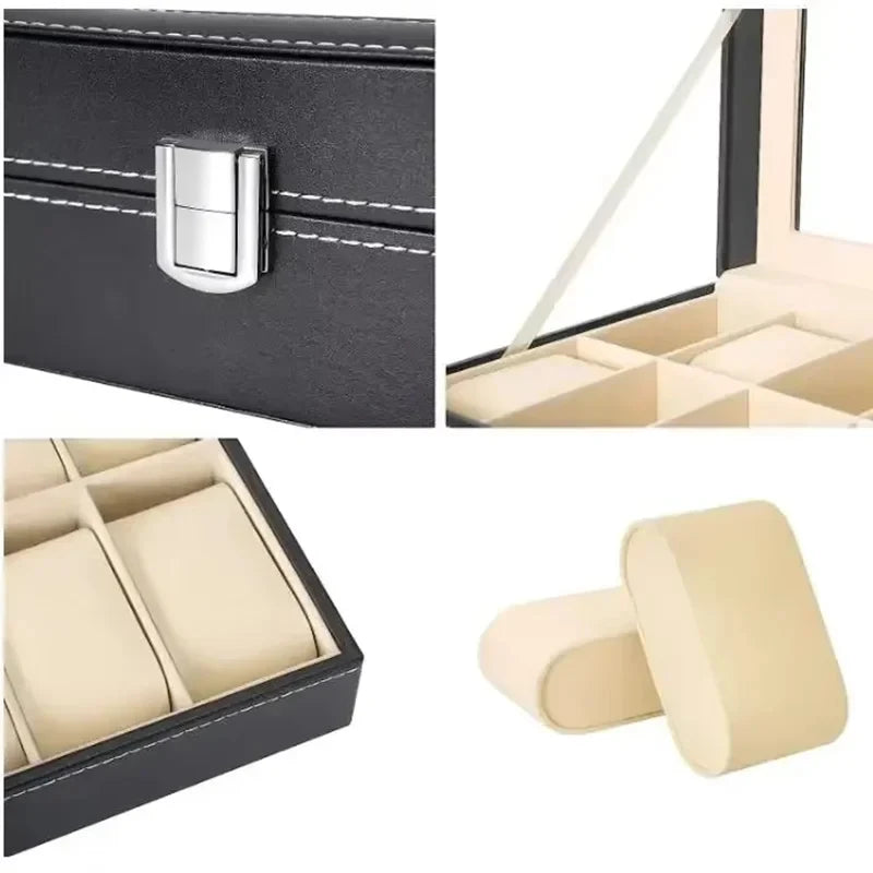 Caja Expositora de Relojes para Hombre – Organizador de Piel con Tapa de Vidrio y Soporte