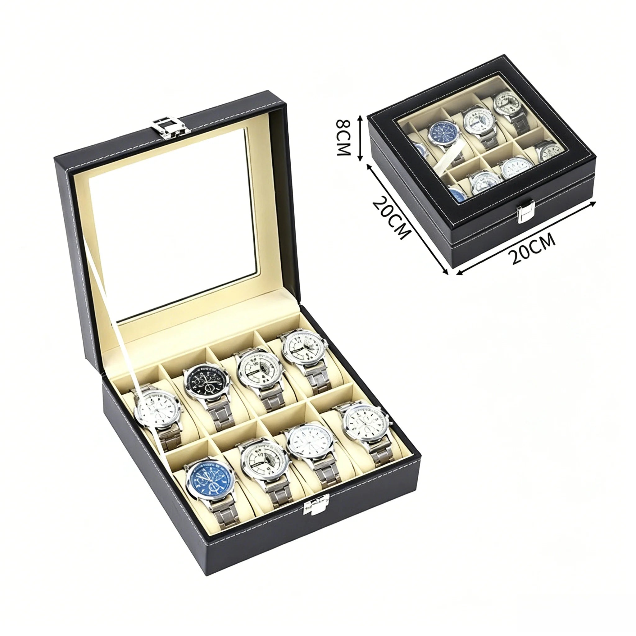 Caja Expositora de Relojes para Hombre – Organizador de Piel con Tapa de Vidrio y Soporte