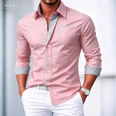 Camisa elegante y casual de Hombre Abotonada Color Block –Manga Larga, Primavera-Otoño