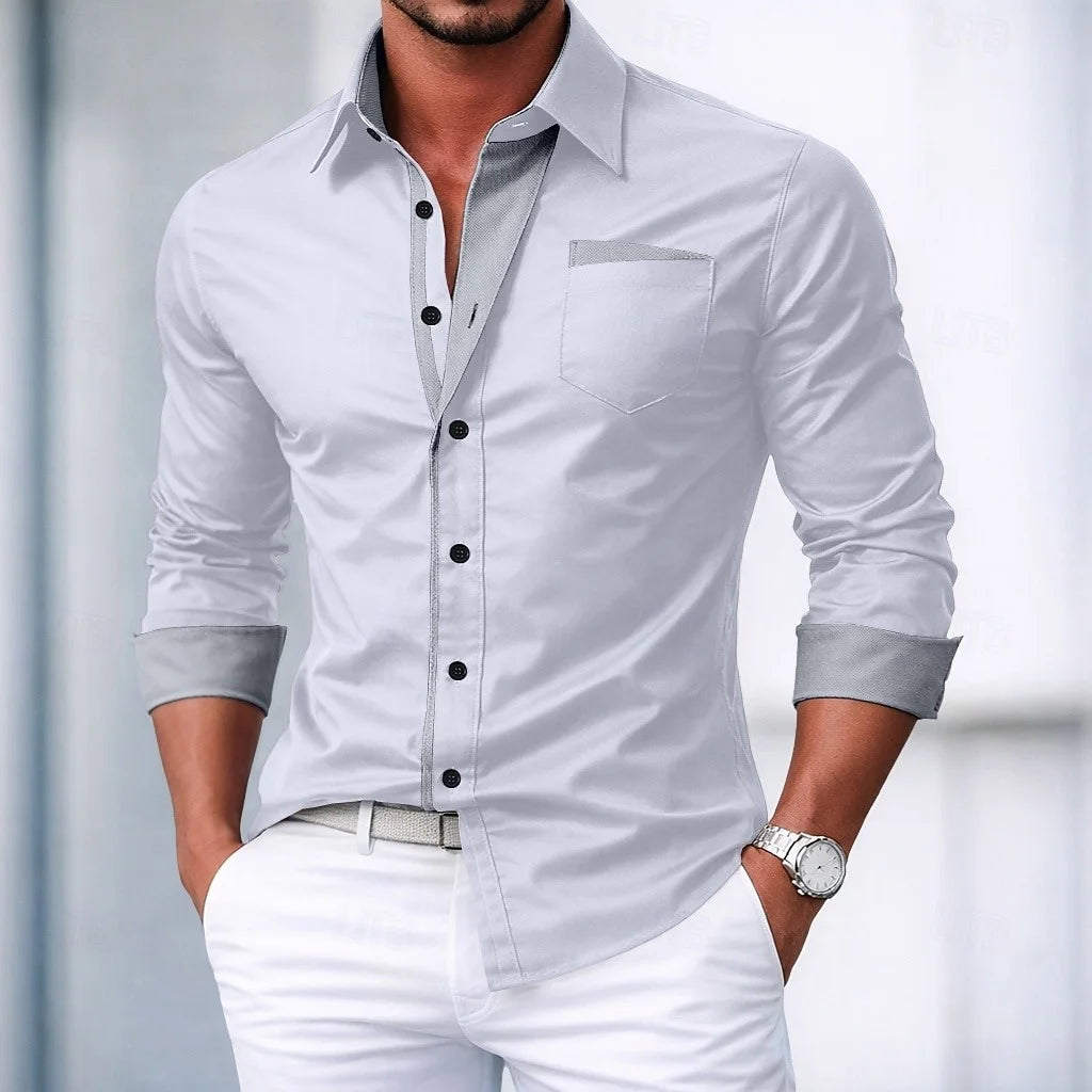 Camisa elegante y casual de Hombre Abotonada Color Block –Manga Larga, Primavera-Otoño