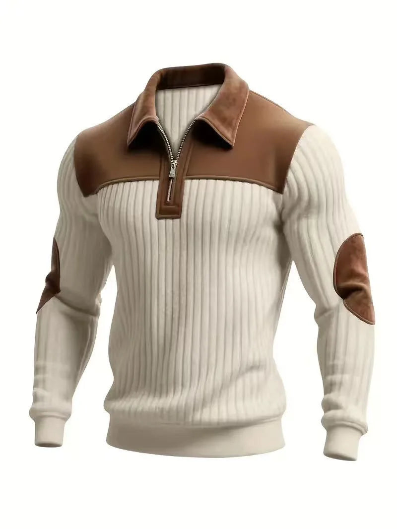 Sudadera de Pana con Cuello de ciper – Hombre, Estilo Casual Primavera-Otoño