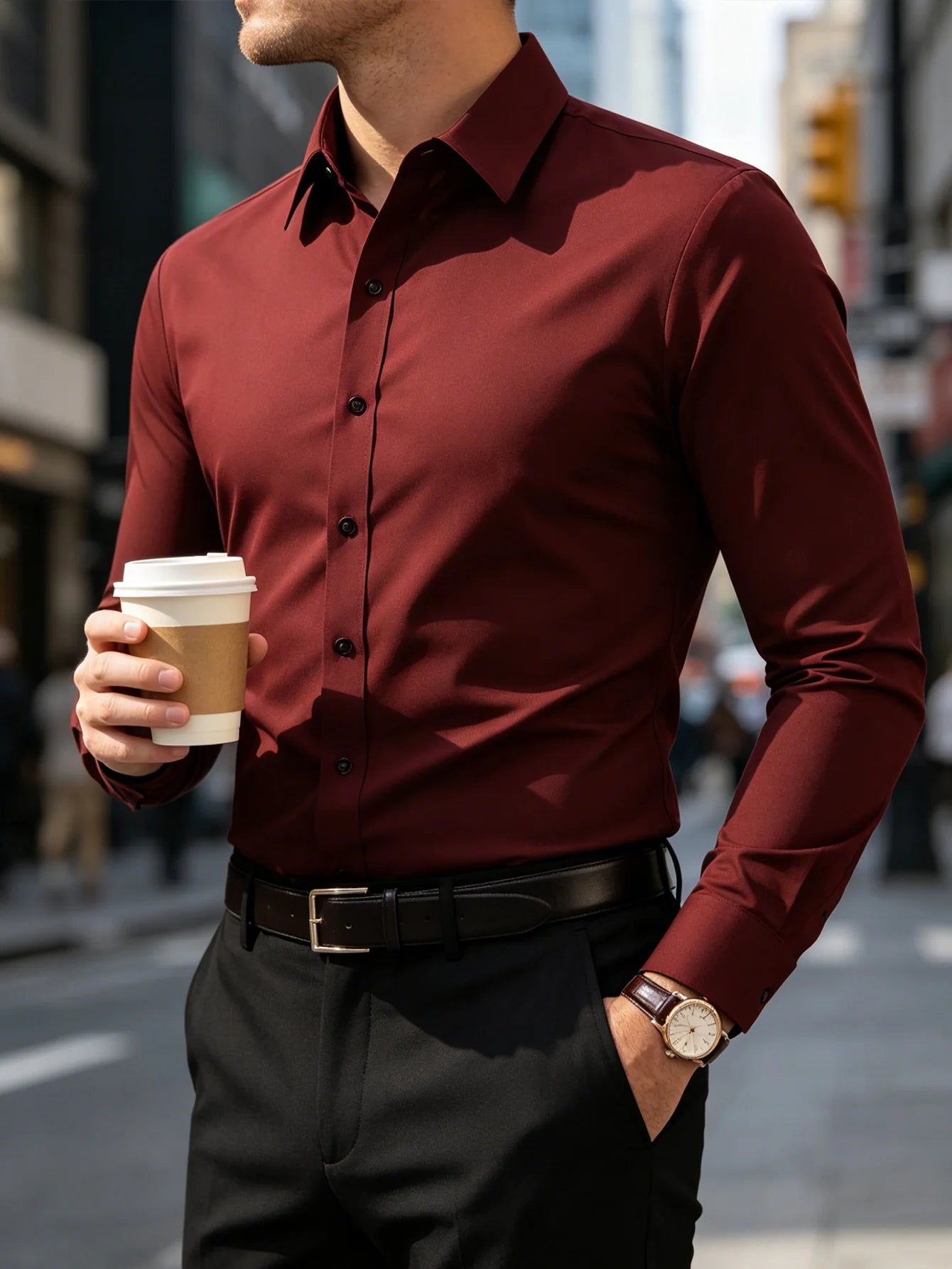 Camisa de Hombre Elegante – Manga Larga, Clásica, Antipelusa, Moda Europea