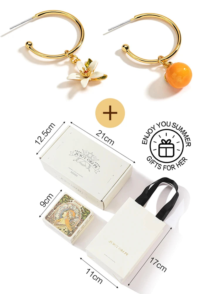 Aretes Colgantes Juicy baño de oro 18k, Naranja y Gardenia - Accesorios Frutales