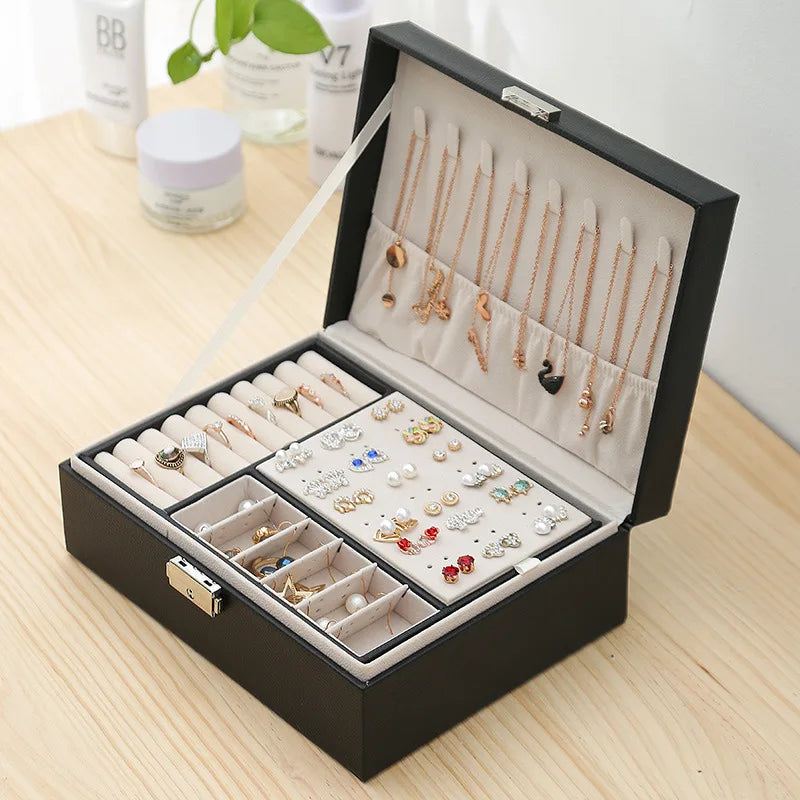 Caja de Joyería de Madera de Doble Capa - Organizador con Cuero PU y Espejo