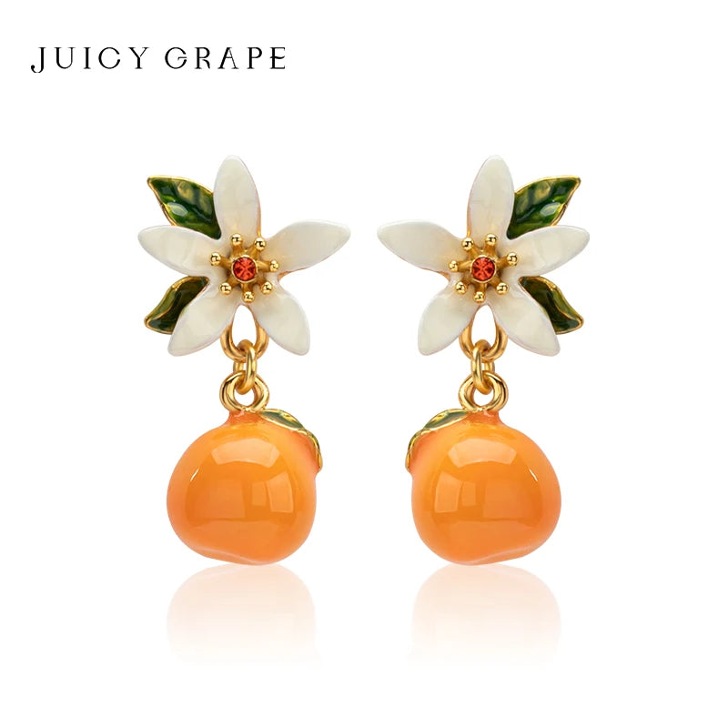 Aretes Colgantes Juicy baño de oro 18k, Naranja y Gardenia - Accesorios Frutales