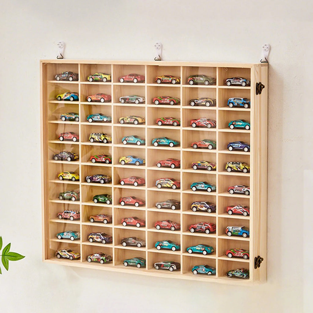 Vitrina de Madera para Autos de Juguete - Organizador Mural con Puerta Antipolvo 60 Espacios