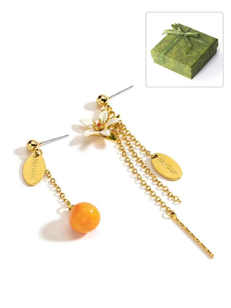 Aretes Colgantes Juicy baño de oro 18k, Naranja y Gardenia - Accesorios Frutales