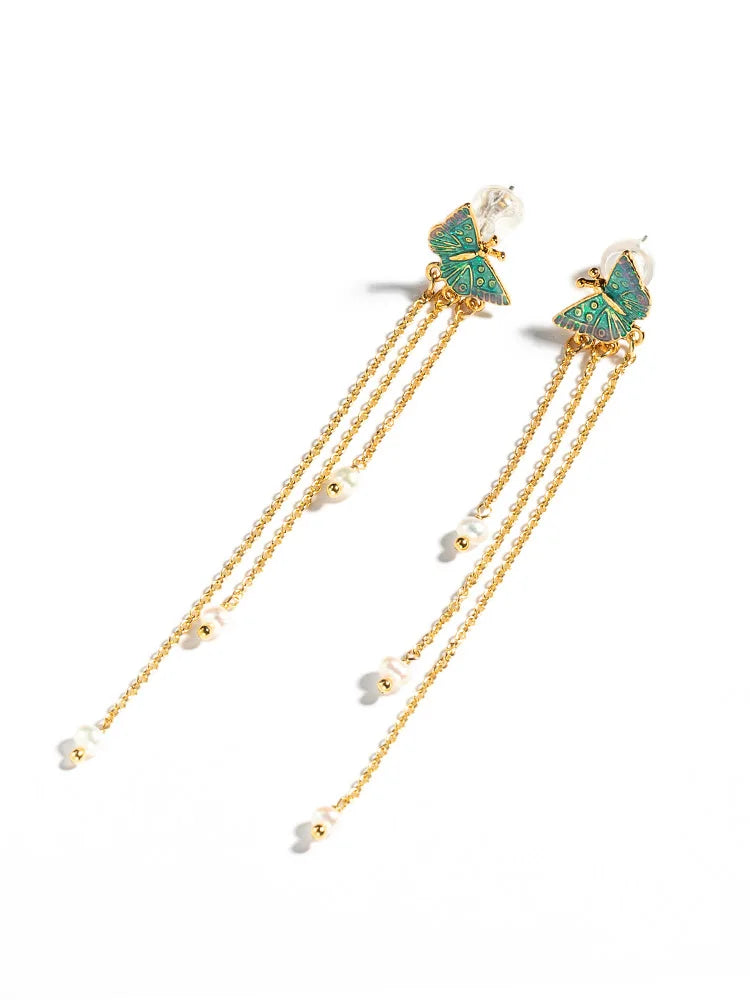 Pendientes de Mariposa con Aguja de Plata de Ley S925 para Mujer, Chapados en Oro 18K, Elegantes Colgantes de Perla con Borla Larga