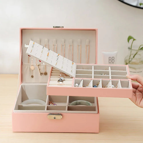 Caja de Joyería de Madera de Doble Capa - Organizador con Cuero PU y Espejo
