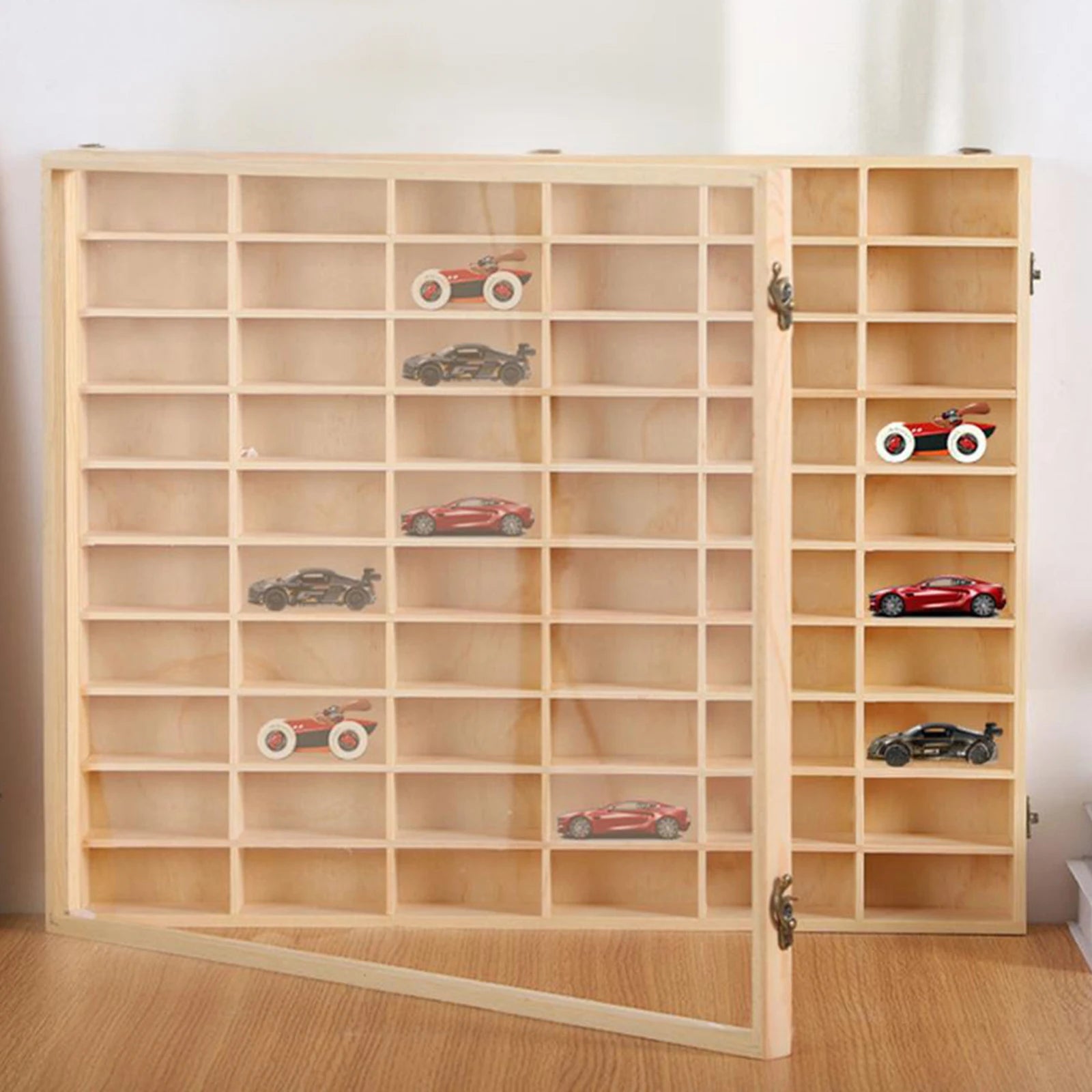 Vitrina de Madera para Autos de Juguete - Organizador Mural con Puerta Antipolvo 60 Espacios