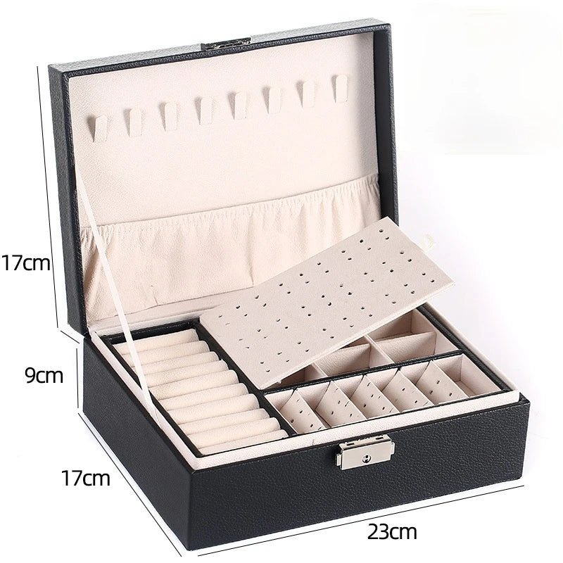 Caja de Joyería de Madera de Doble Capa - Organizador con Cuero PU y Espejo