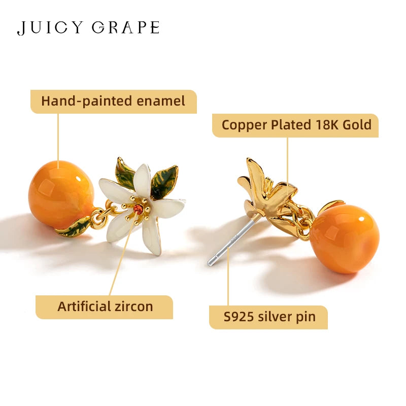 Aretes Colgantes Juicy baño de oro 18k, Naranja y Gardenia - Accesorios Frutales