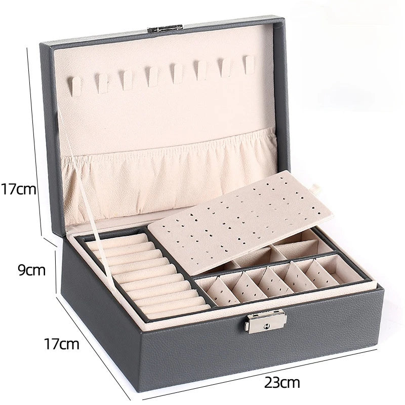 Caja de Joyería de Madera de Doble Capa - Organizador con Cuero PU y Espejo