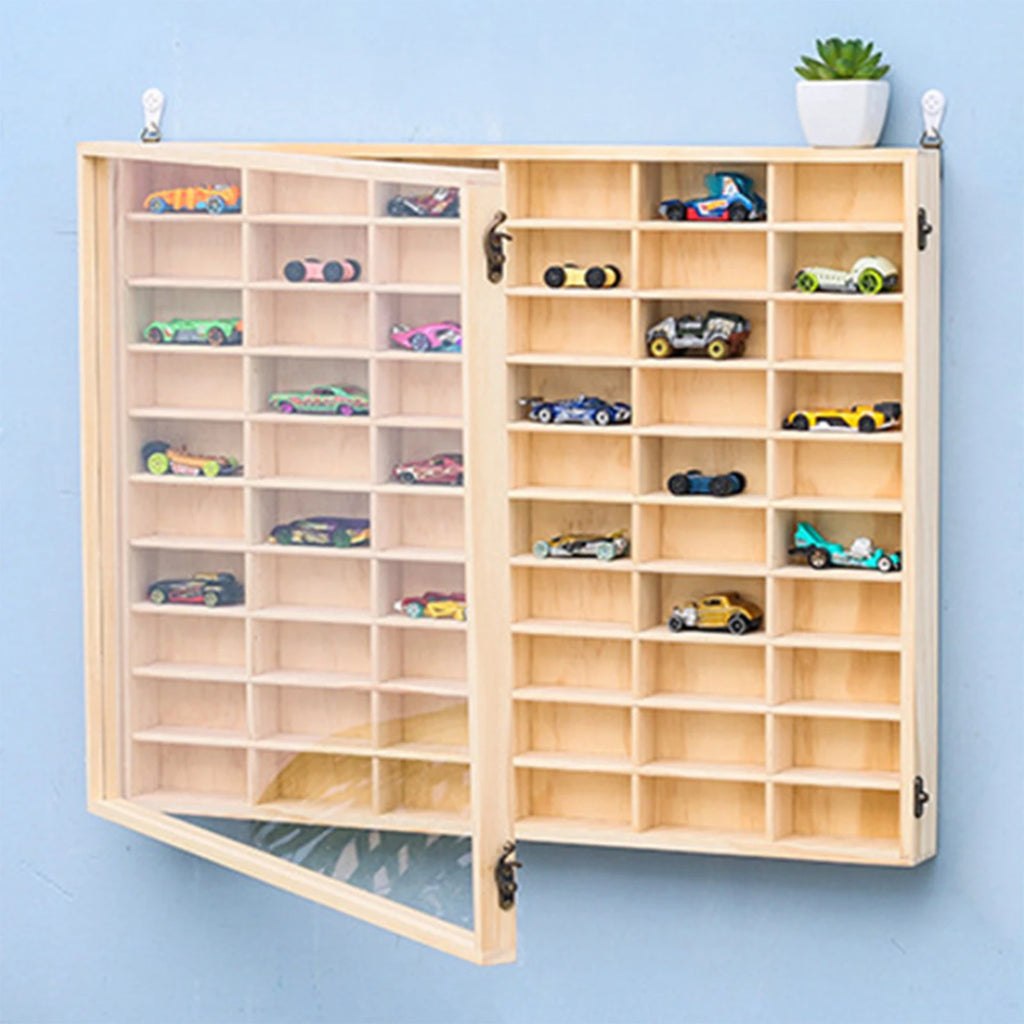 Vitrina de Madera para Autos de Juguete - Organizador Mural con Puerta Antipolvo 60 Espacios