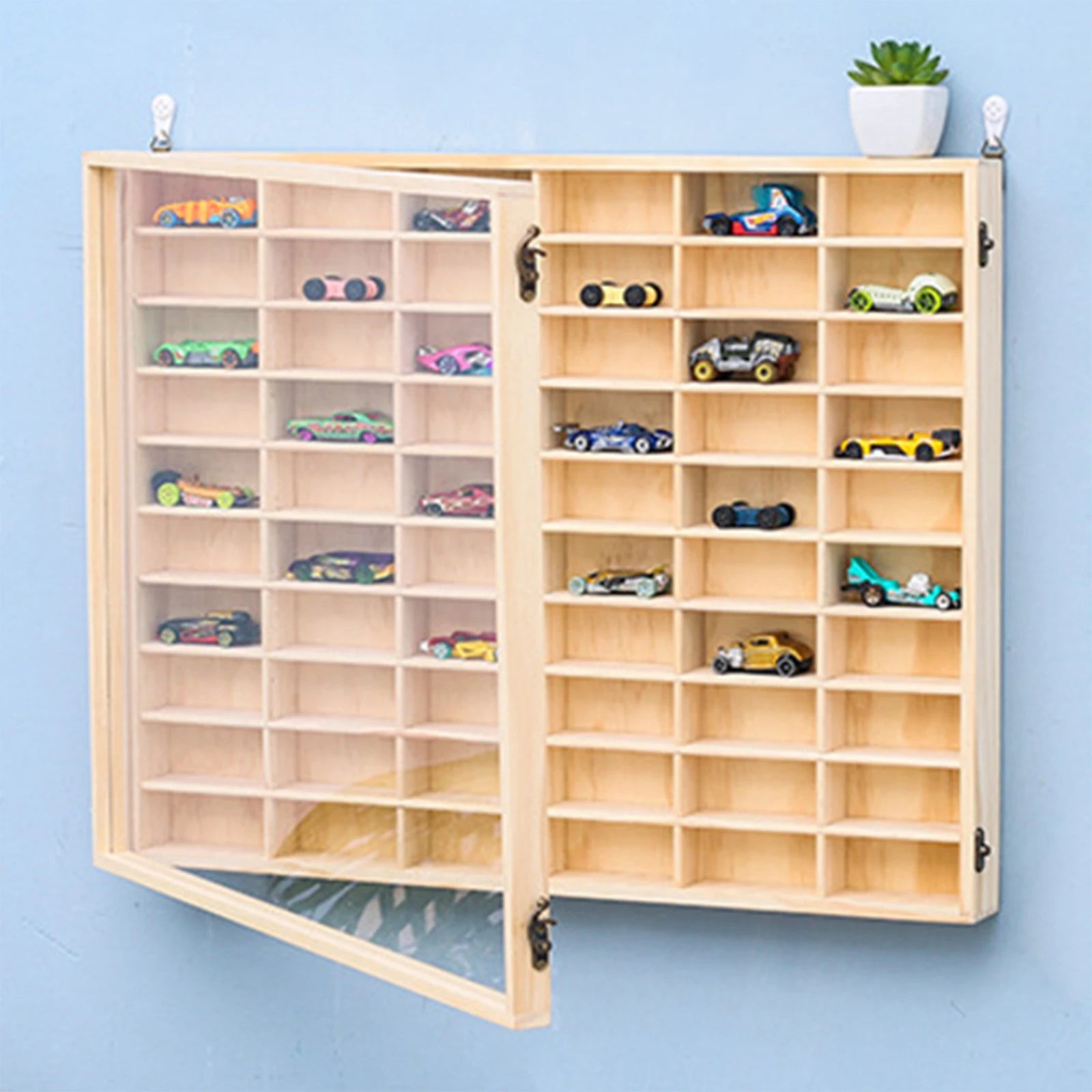 Vitrina de Madera para Autos de Juguete - Organizador Mural con Puerta Antipolvo 60 Espacios